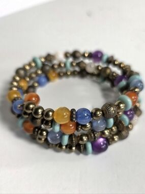 Multicolor Beaded Coil Bracelet - Gold Blue Orange Purple Yellow Women's Jewelry